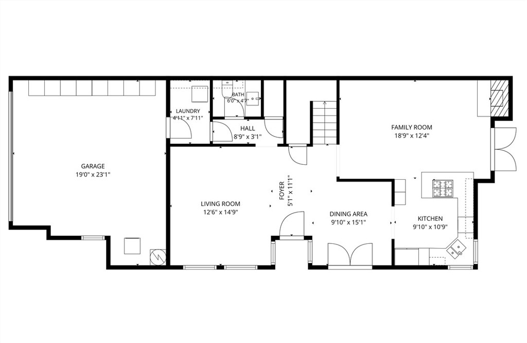 Main level floor plan of 8322 Padrino showing living room, dining area, kitchen, family room, and garage